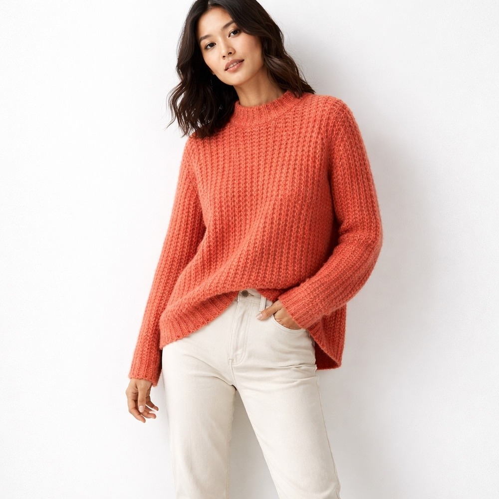 Field Flower Orange Textured Knit Mock Neck Sweater Women L Hygge Cottagecore